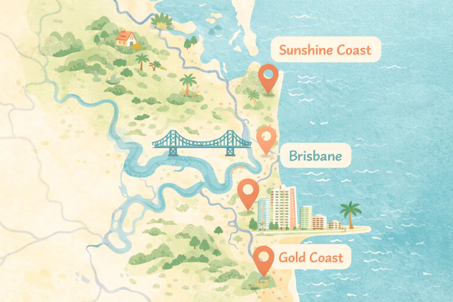 SEQ Vehicle Brokers service coverage map showing Brisbane, Gold Coast, and Sunshine Coast